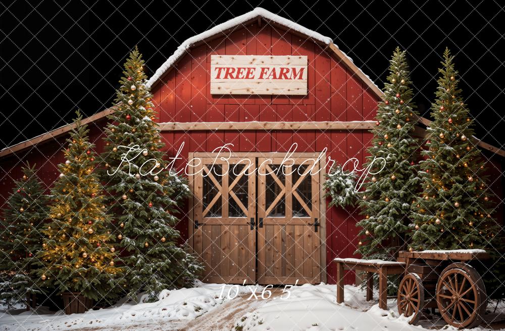 Kate Christmas Forest Red Tree Farm House Backdrop Designed by Emetselch