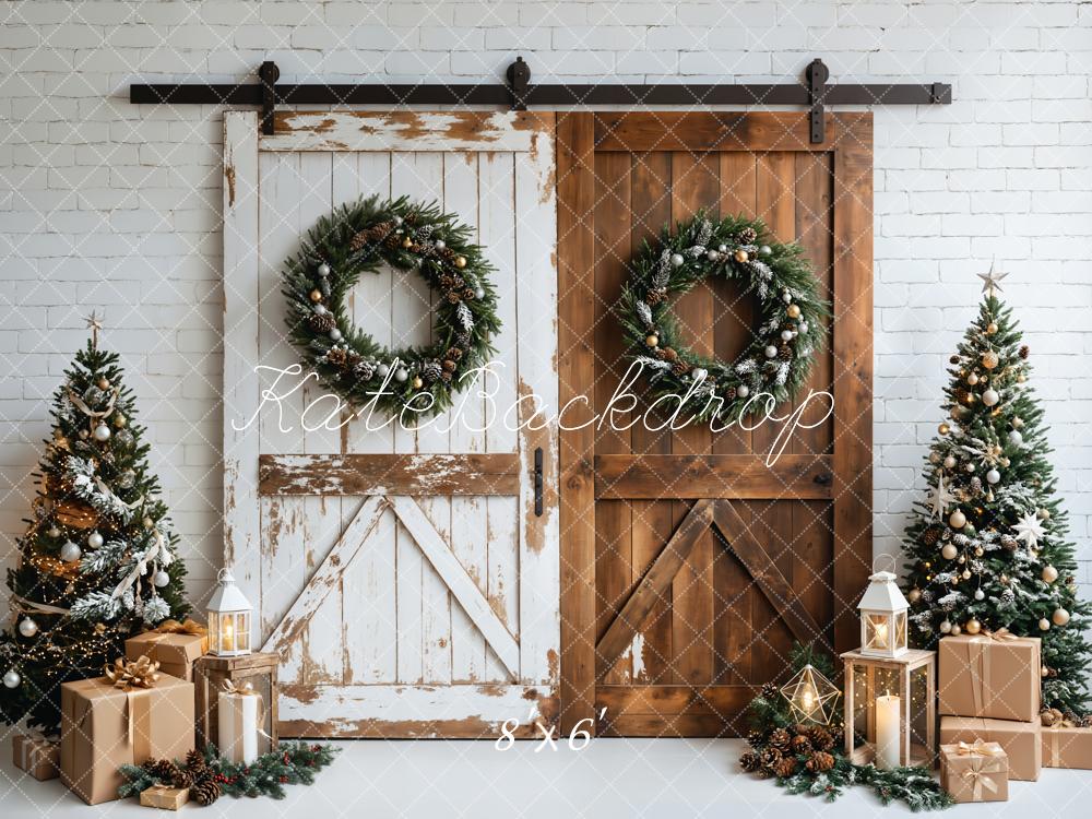 Kerst Foto Achtergrond Wit Bruin Houten Deur Ontworpen door Emetselch