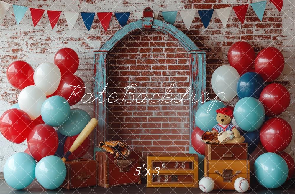 Cake Smash Baseball Ballonnen Bakstenen Foto Achtergrond Designed by Mini MakeBelieve