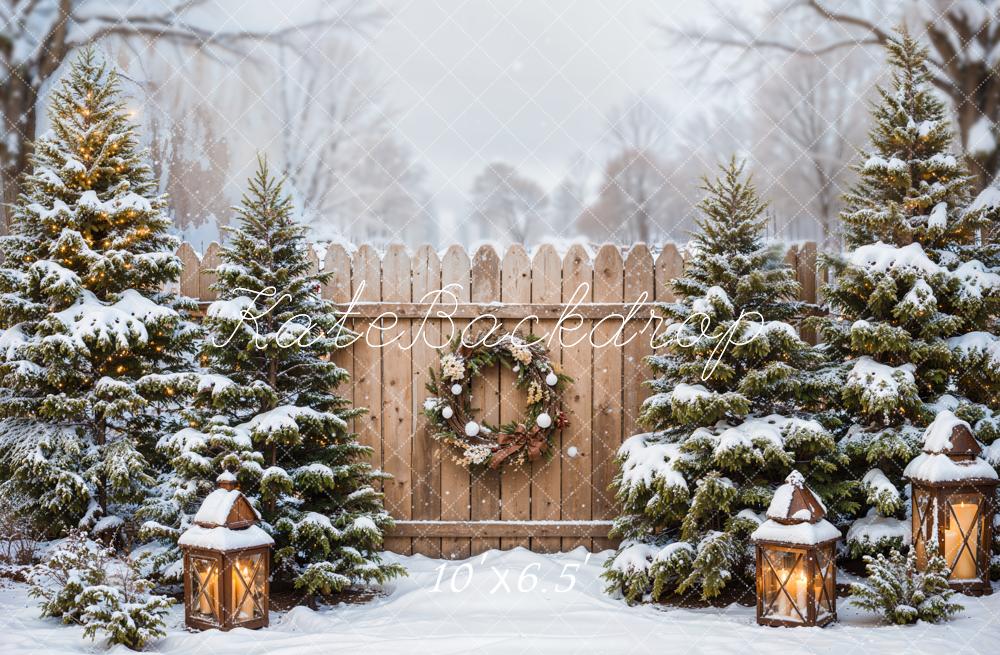 Winter Outdoor Bos Kerstboom Bruin Houten Hek Achtergrond Ontworpen door Emetselch
