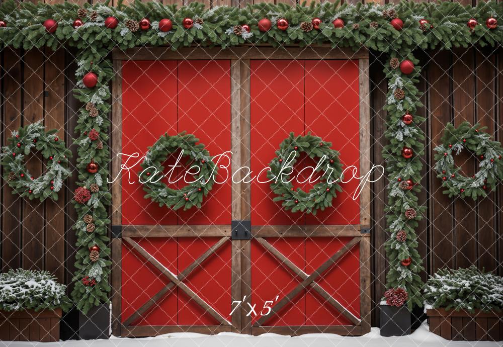 Kate Christmas Green Wreath Red Barn Door Backdrop Designed by Emetselch