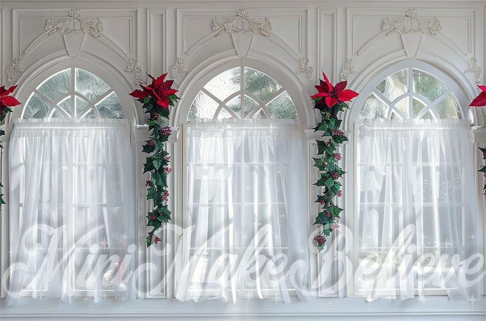 Kate Christmas White Curtain Vintage Floral Arched Window Backdrop Designed by Mini MakeBelieve