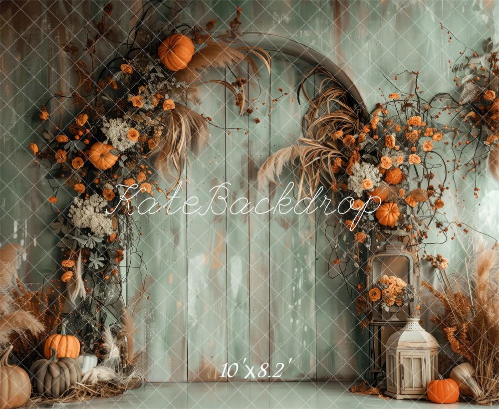 Arco de Pared Boho Verde de Otoño con Fondo de Calabazas Designed by Patty Robert