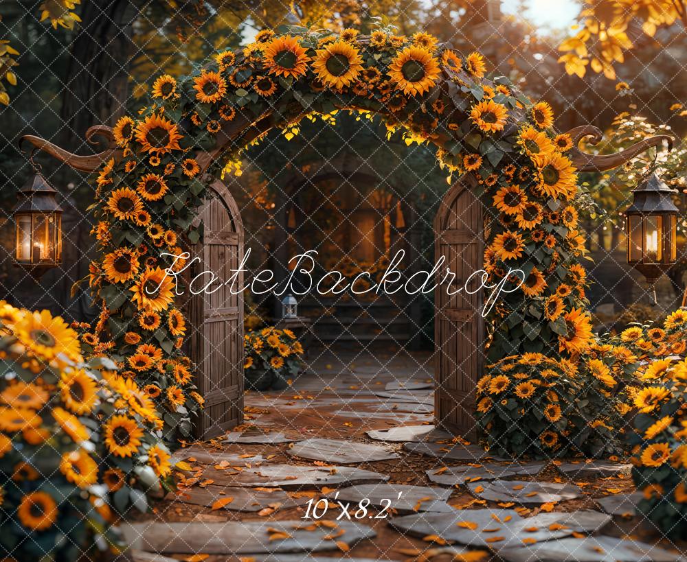 Puerta arqueada marrón con fondo de girasoles amarillos en otoño diseñado por Emetselch