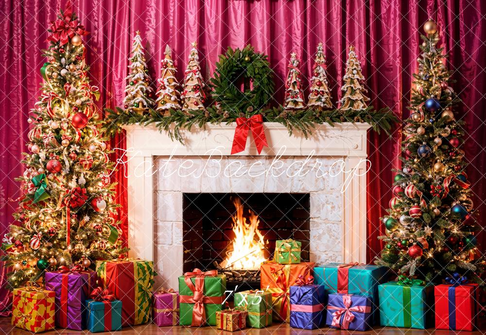 Kate Christmas Interior White Marble Fireplace Red Curtain Backdrop Designed by Emetselch