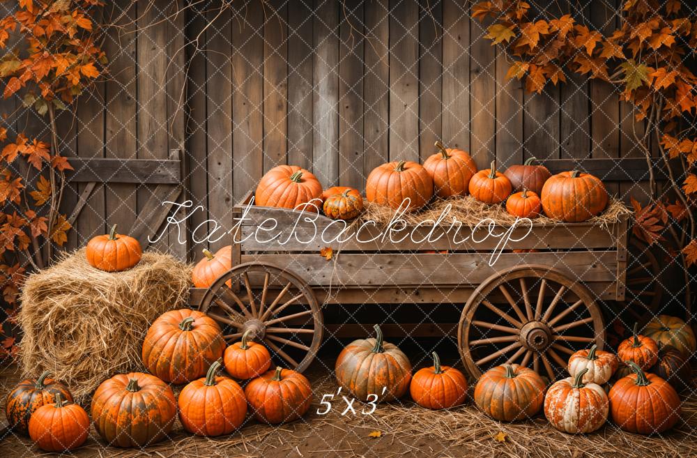 Kate Fall Barn Door Pumpkin Cart Maple Leaves Backdrop Designed by Emetselch