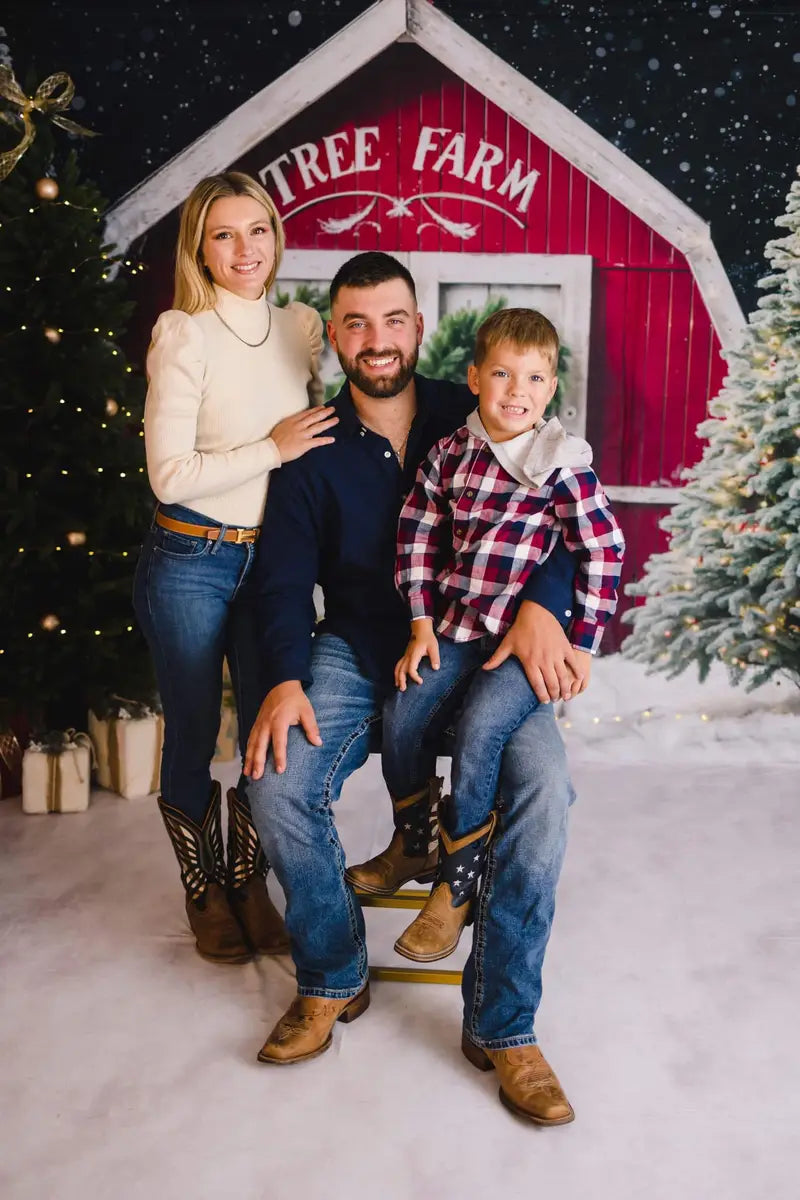 Kate Winter Christmas Tree Farm Red Barn Backdrop Designed by Chain Photography