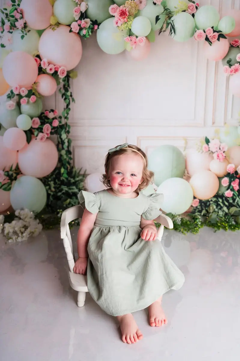 Kate Birthday Pink Rose Green Balloon Arch White Retro Wall Backdrop Designed by Patty Robert