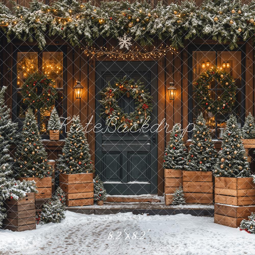 Fondo de Cabaña de Madera de Árbol de Navidad Puerta Negra Diseñado por Emetselch