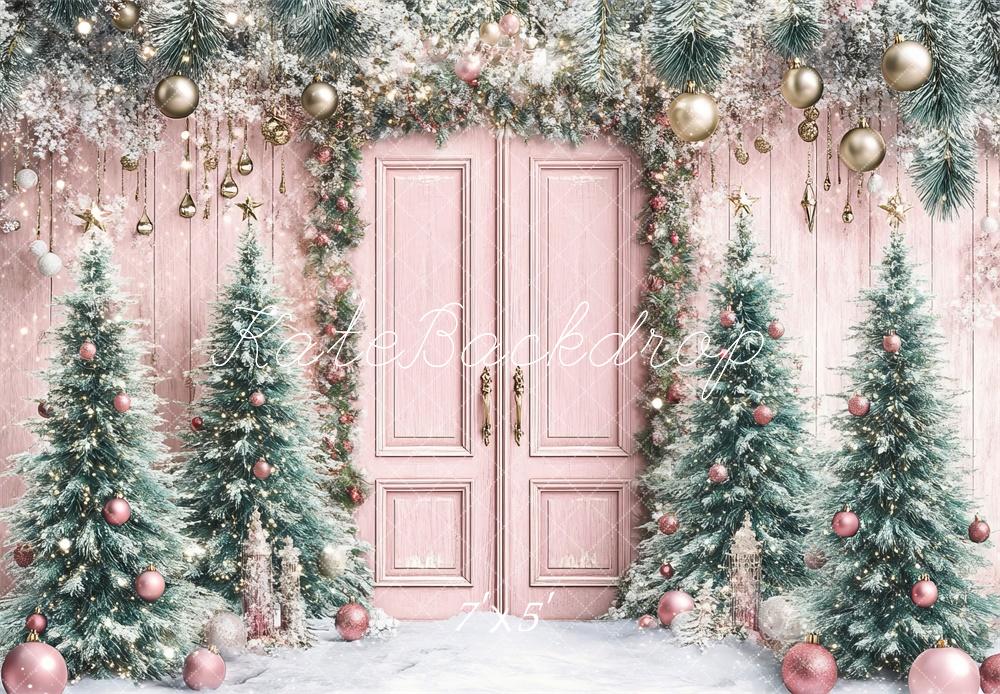 Kate Christmas Tree Pink Door Snowy Backdrop Designed by Lidia Redekopp