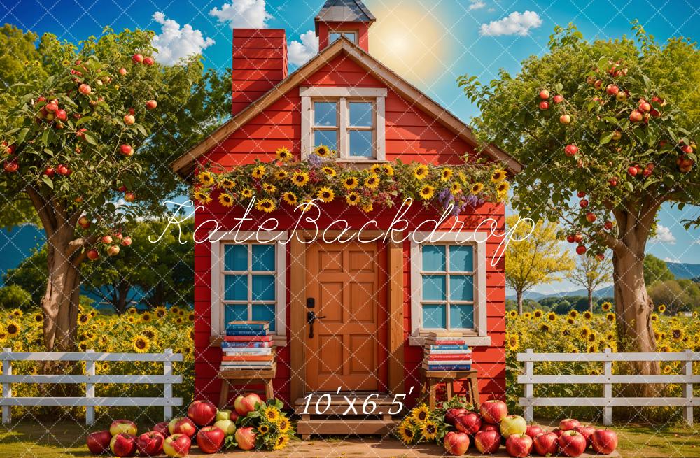 Kate Back to School Sunflower Apple Orchard Red House Backdrop Designed by Chain Photography