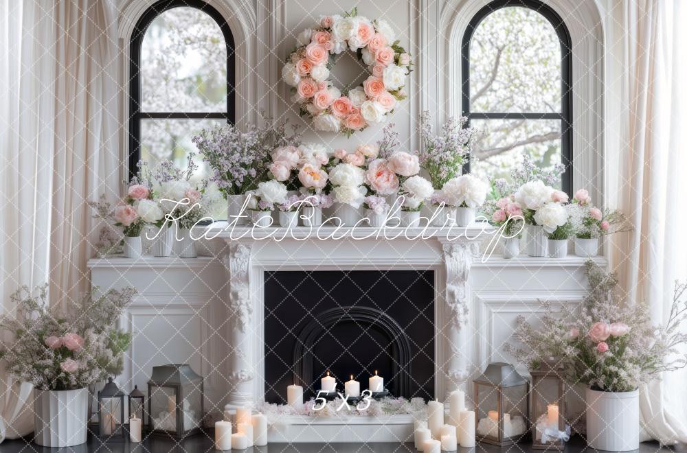 Kate Spring White Floral Fireplace Backdrop Designed by Mini MakeBelieve