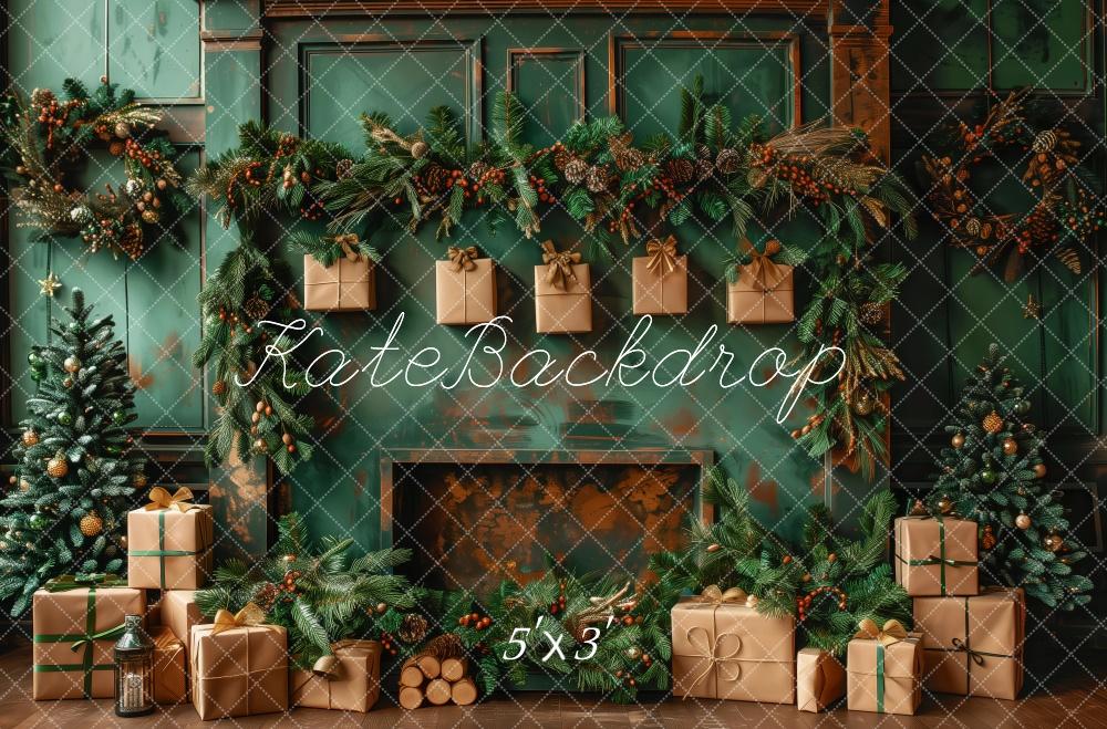 Kate Christmas Green Wall Brown Gifts Fireplace Backdrop Designed by Patty Robert