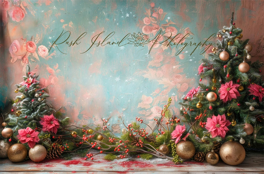 Árbol de Navidad Rosa Arte Floral Poinsettia Fondo Diseñado por Laura Bybee