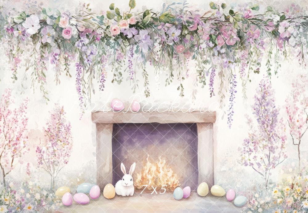 Kate Easter Cartoon Bunny Floral Fireplace Backdrop Designed by Mini MakeBelieve