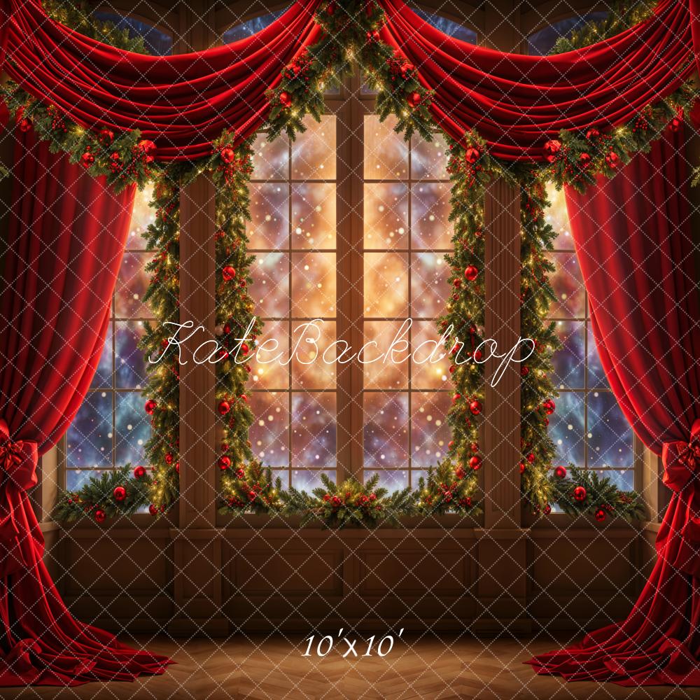 Kate Christmas Dreamy Red Curtain Retro Arched Window Backdrop Designed by Emetselch