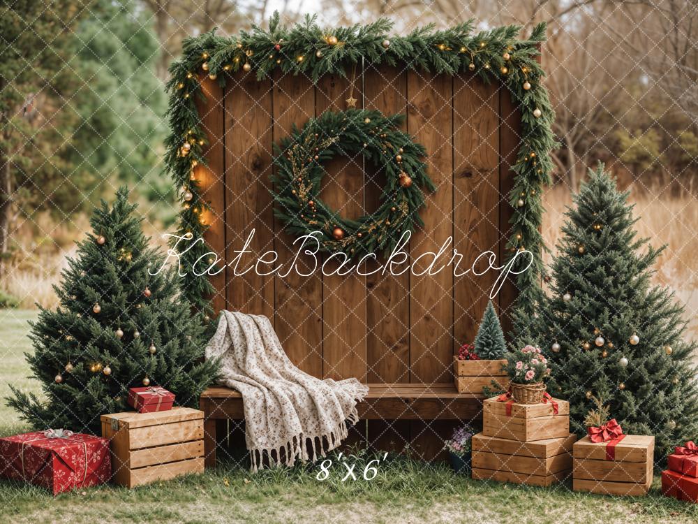 Kerst Bos Rustieke Krans Houten Foto Achtergrond Designed by Emetselch