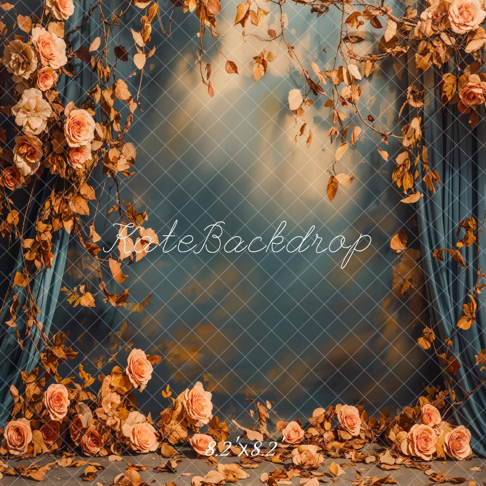 Kate Fall Floral Blue Curtains Backdrop Designed by Emetselch