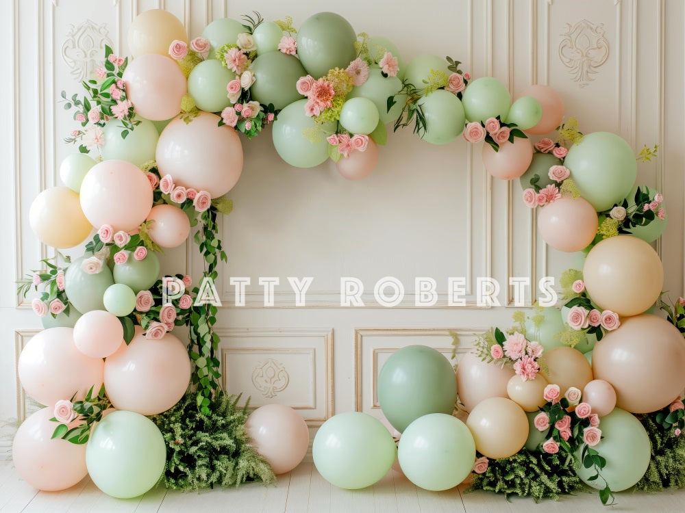 Kate Birthday Pink Rose Green Balloon Arch White Retro Wall Backdrop Designed by Patty Robert