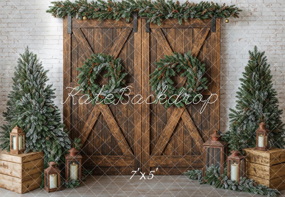 Kate Christmas Brown Barn Door Wreath Backdrop Designed by Emetselch