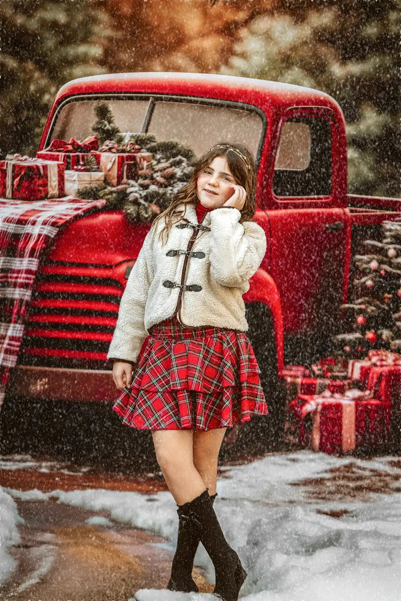 Kate Christmas Red Truck Plaid Forest Backdrop Designed by Emetselch