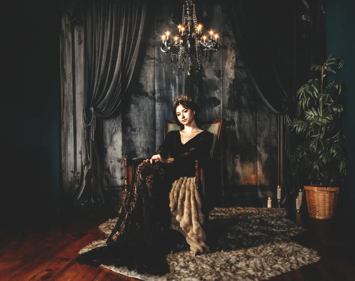 Kate Dark Vintage Black Elegant Curtain Chandelier Wall Backdrop Designed by Lidia Redekopp