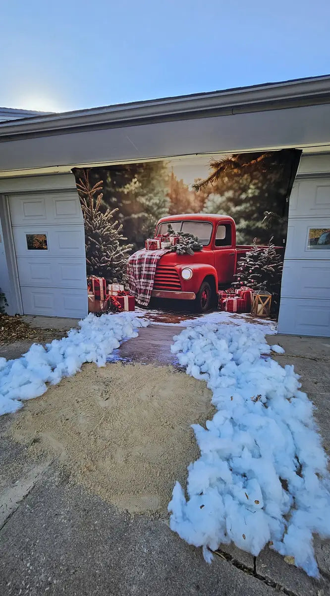 Kate Christmas Red Truck Plaid Forest Backdrop+Winter Snowy Path Floor Backdrop