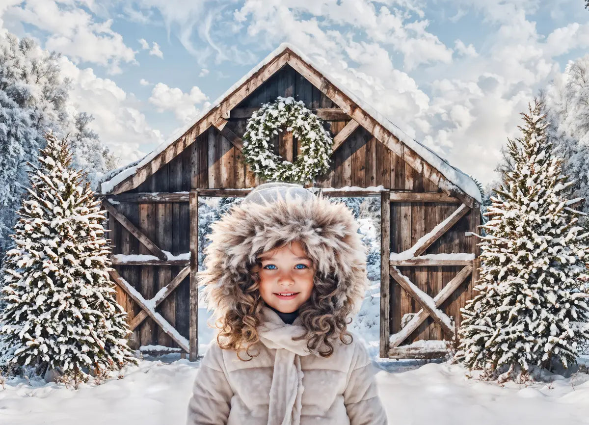 Kate Winter Snow Forest Brown Wooden Cabin Door Backdrop Designed by Emetselch