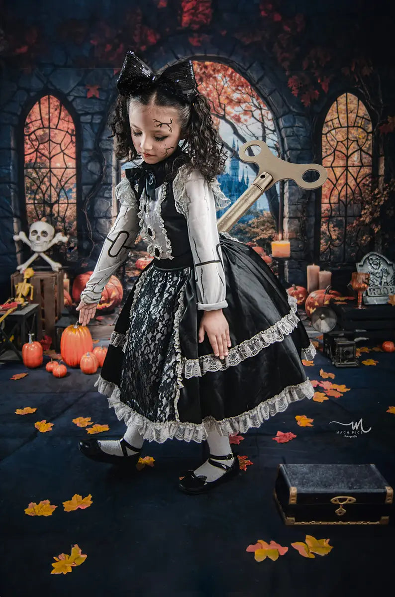 Kate Halloween Arch Maple Castle Pumpkin Backdrop+Stone Pavement Floor Backdrop