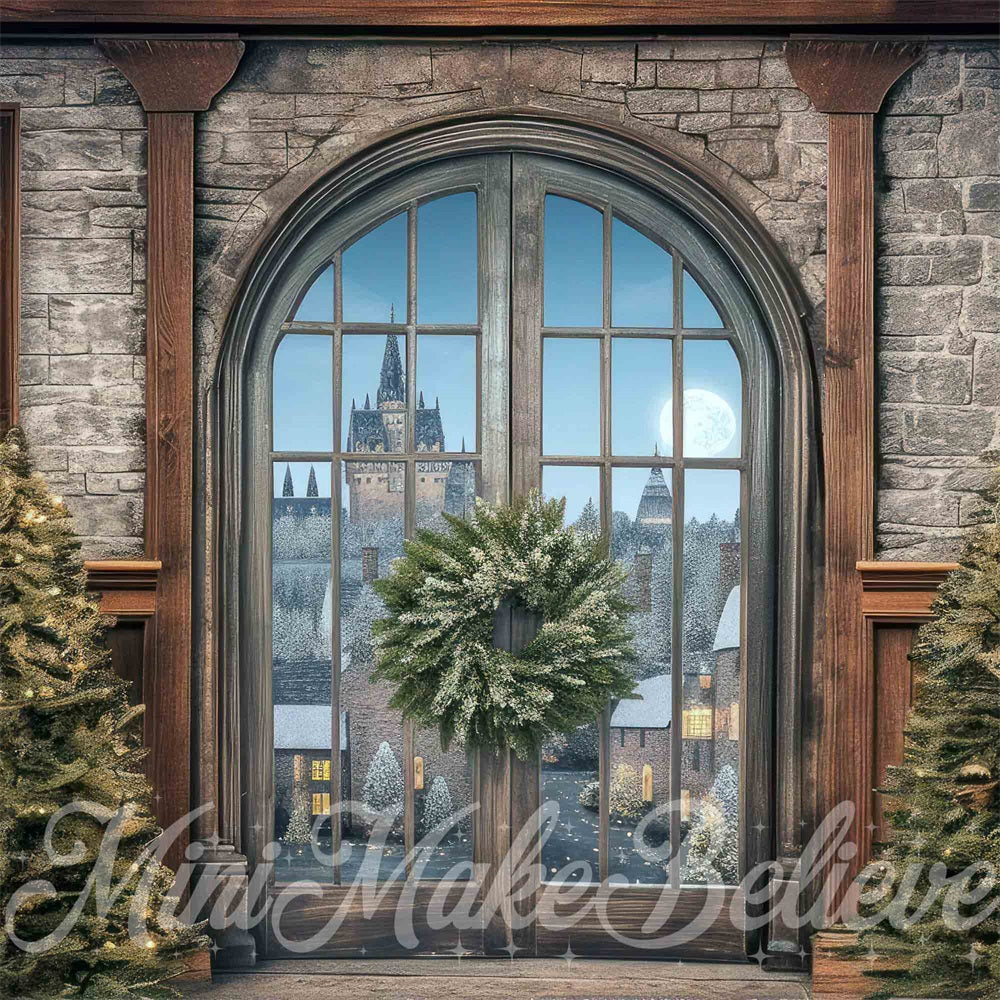 Kate Christmas Indoor Retro Arched Window Gray Stone Wall Backdrop Designed by Mini MakeBelieve