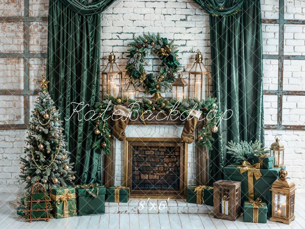 Kate Christmas Green Curtains Fireplace White Walls Backdrop Designed by Emetselch