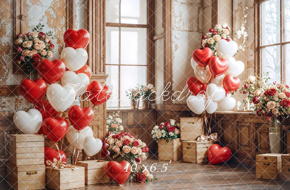 Kate Valentine Heart Balloons Wooden Vintage Backdrop Designed by Emetselch