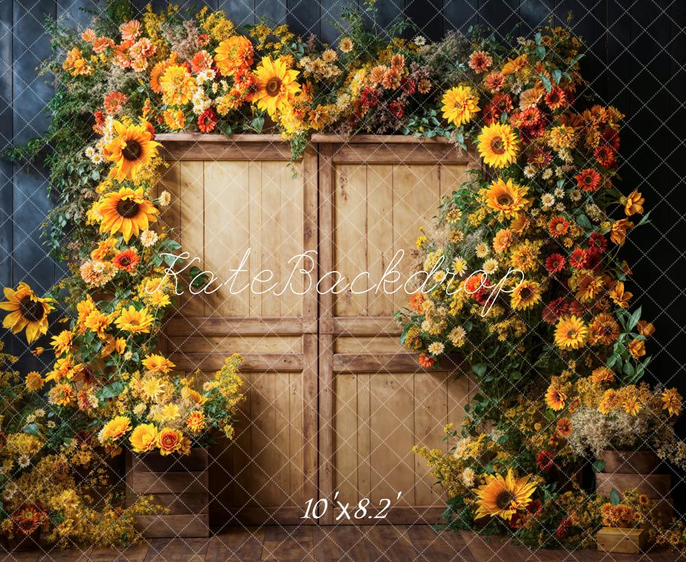 Fondo de puerta de madera con arco de flores coloridas de arte fino Otoño diseñado por Emetselch