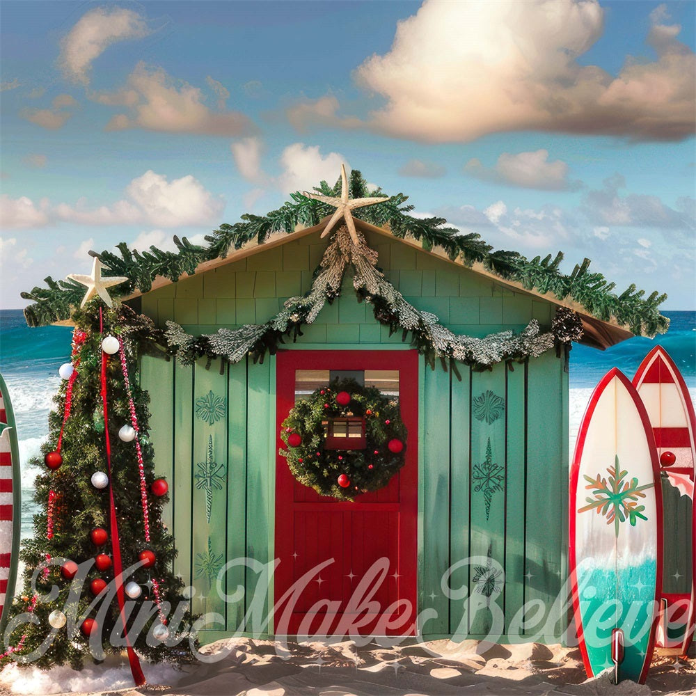 Kate Christmas Sea Beach Green Surfboard Hut Backdrop Designed by Mini MakeBelieve