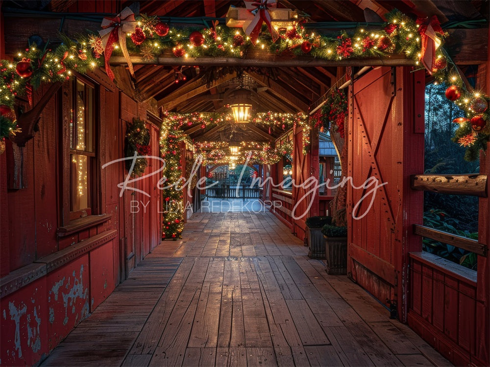 Noche de Navidad en Cabaña de Madera Marrón Pasillo Puente Fondo, Diseñado por Lidia Redekopp