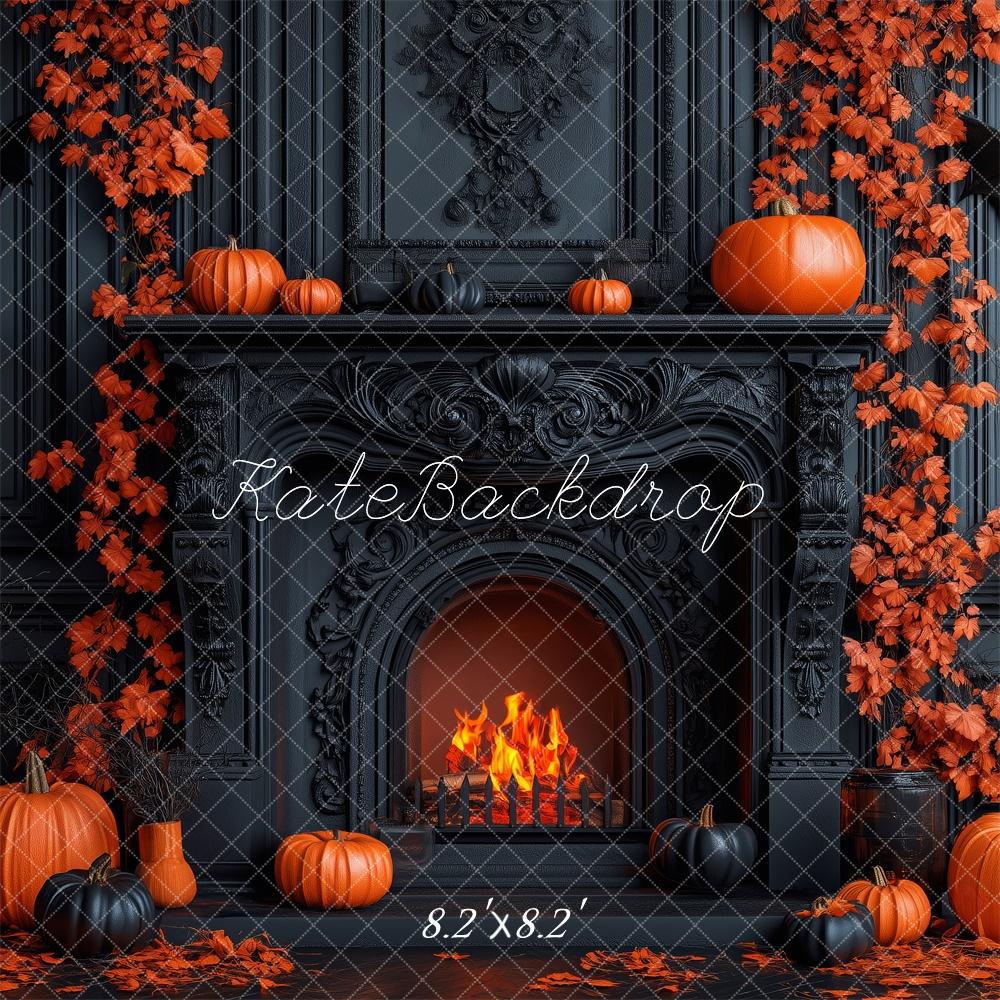 Kate Halloween Fall Black Fireplace Pumpkins Backdrop Designed by Patty Roberts