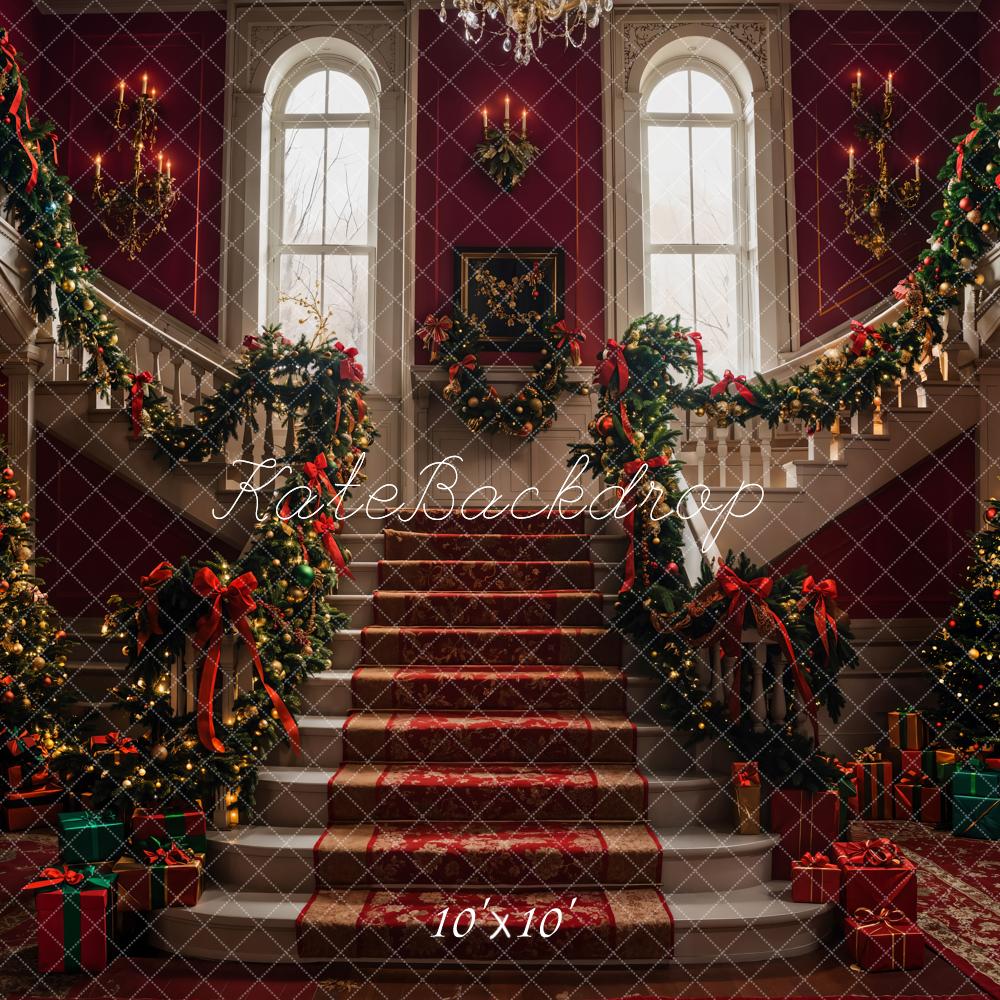 Kate Christmas Tree Red Retro Grand Staircase Backdrop Designed by Emetselch