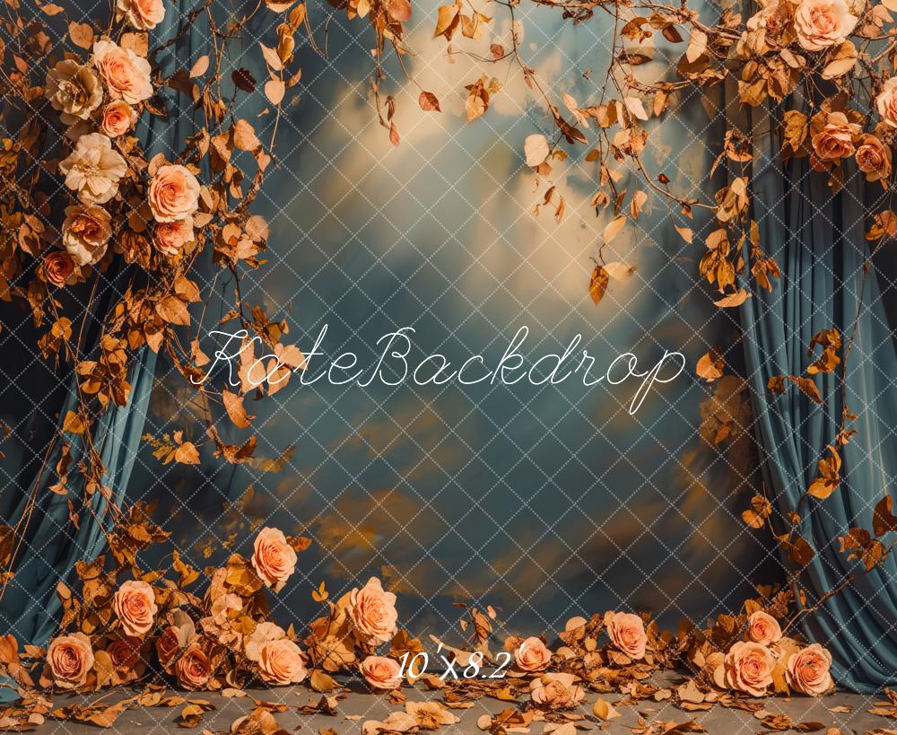 Fall Floral Blue Curtains Foto Achtergrond Designed by Emetselch