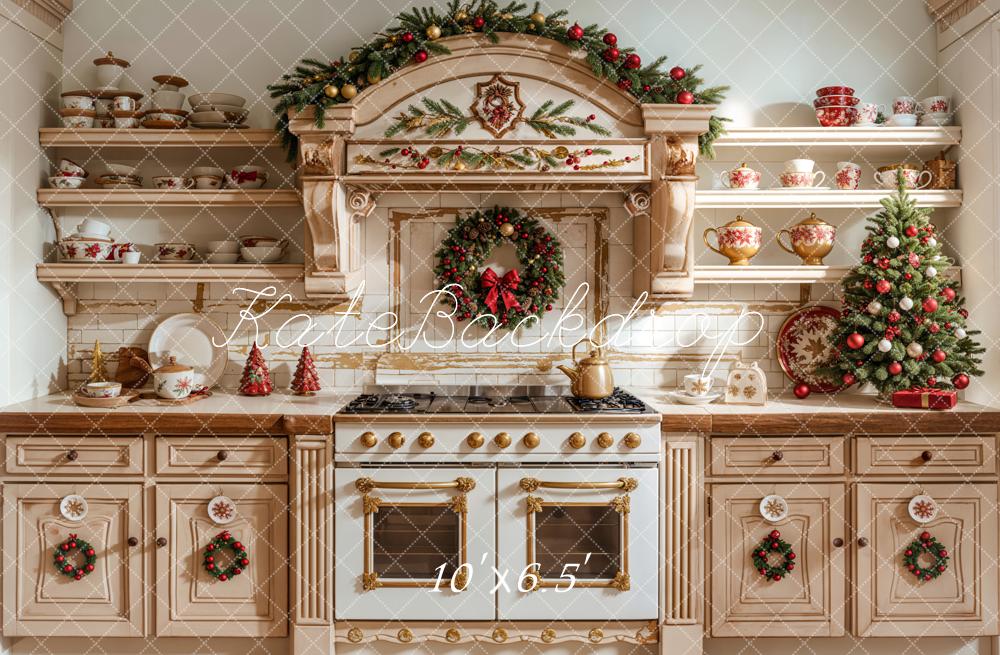 Kate Christmas Kitchen Apricot Cabinet Dishes Backdrop Designed by Emetselch