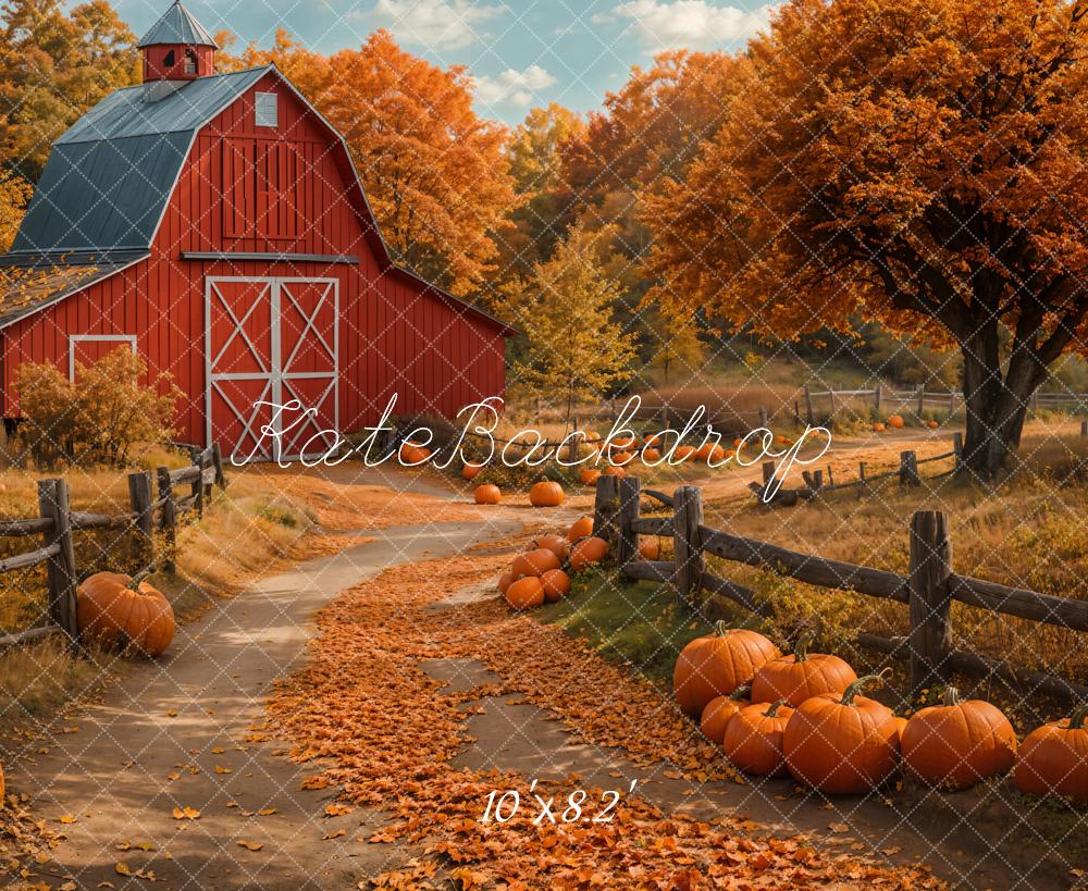 Kate Fall Sunflower Pumpkin Red House Forest Path Backdrop Designed by Emetselch