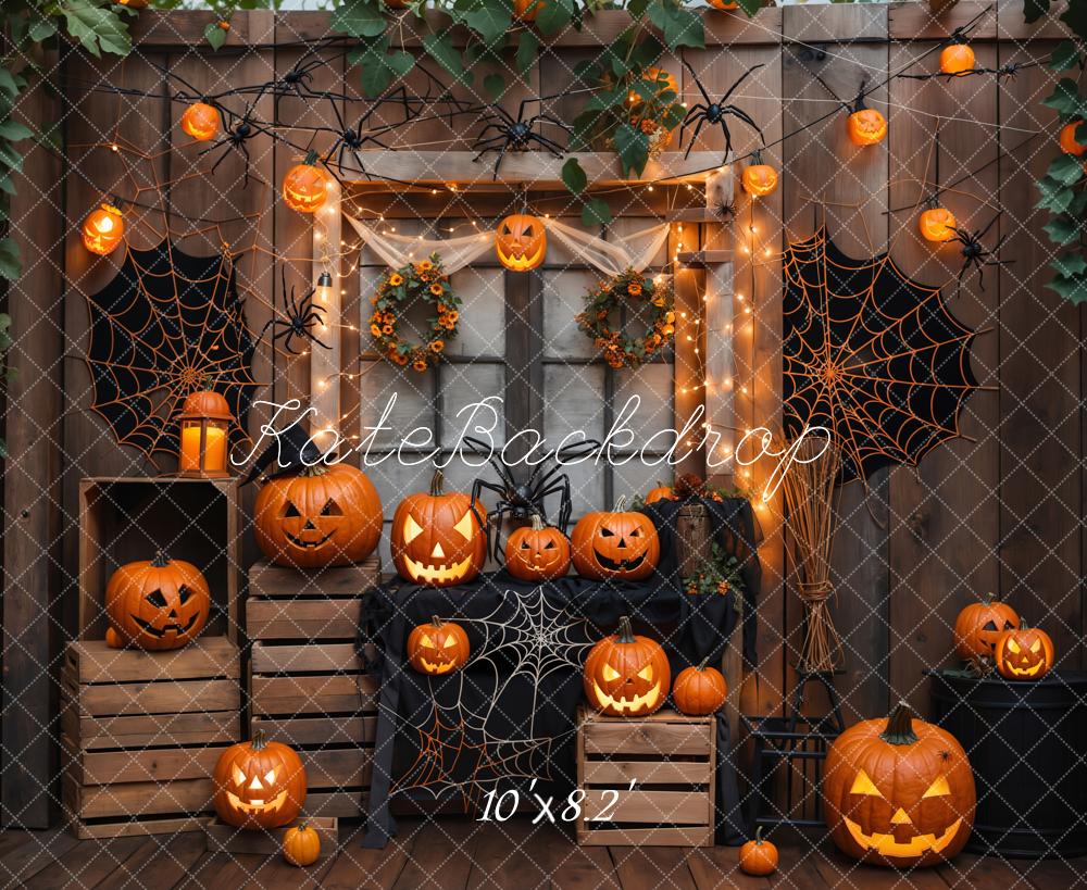 Kate Halloween Wooden Wall Pumpkin Spider Web Backdrop Designed by Emetselch