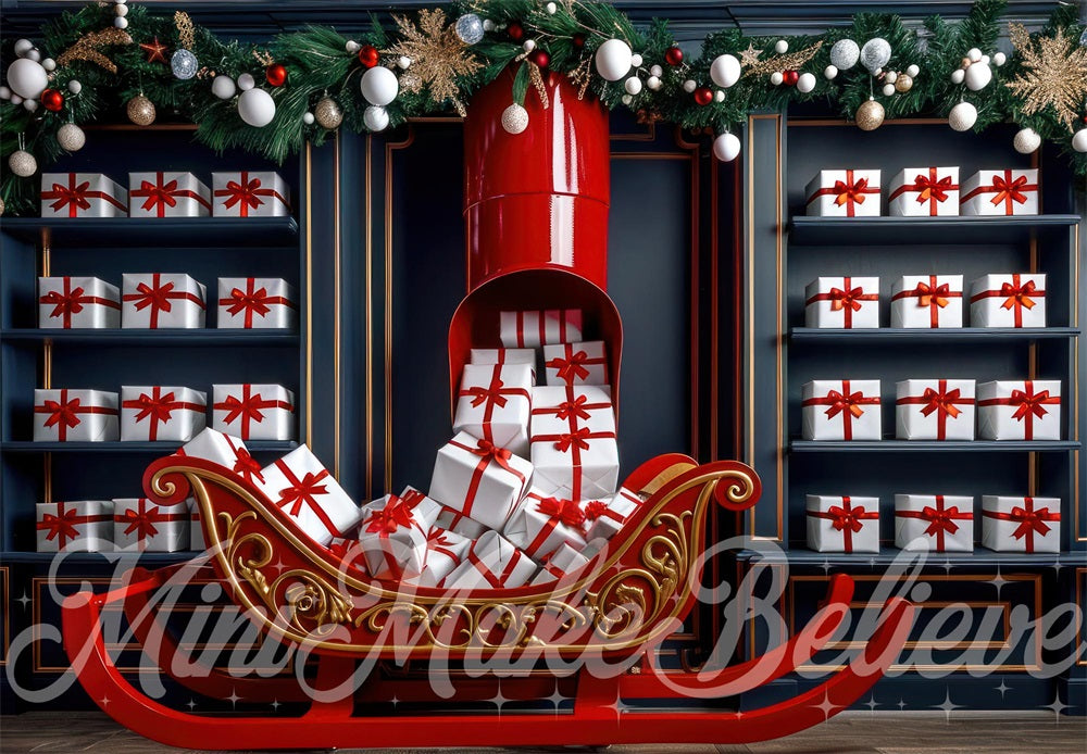 Kate Christmas Indoor Sleigh Gift Store Backdrop Designed by Mini MakeBelieve