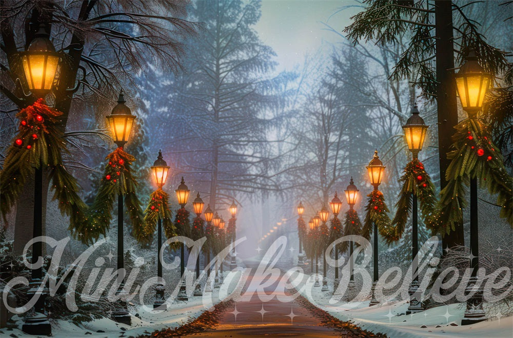 Kerst Nacht Lamp Post Bos Pad Foto Achtergrond Designed by Mini MakeBelieve