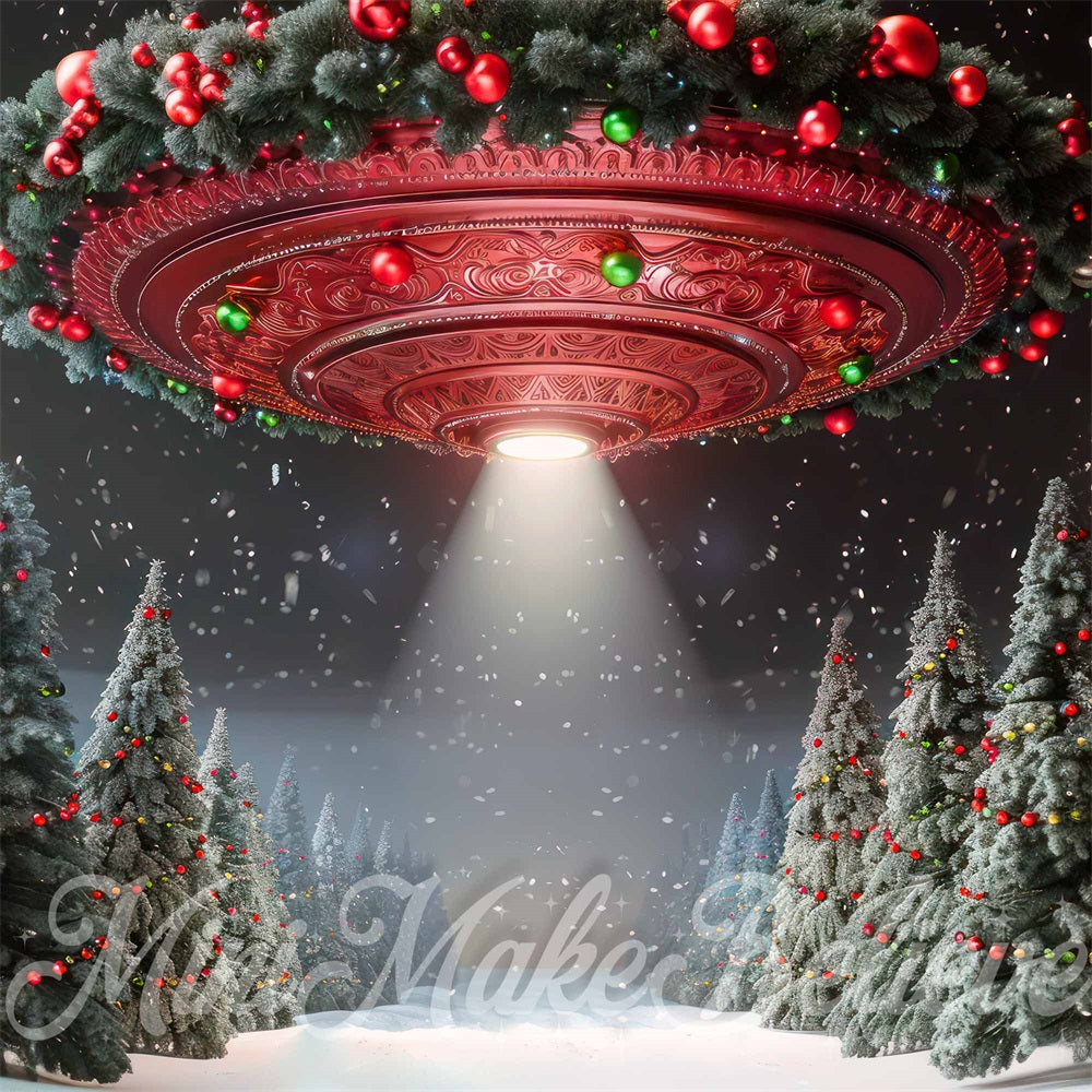Winter Kerstbosse Grote Rode UFO-Achtergrond Ontworpen door Mini MakeBelieve
