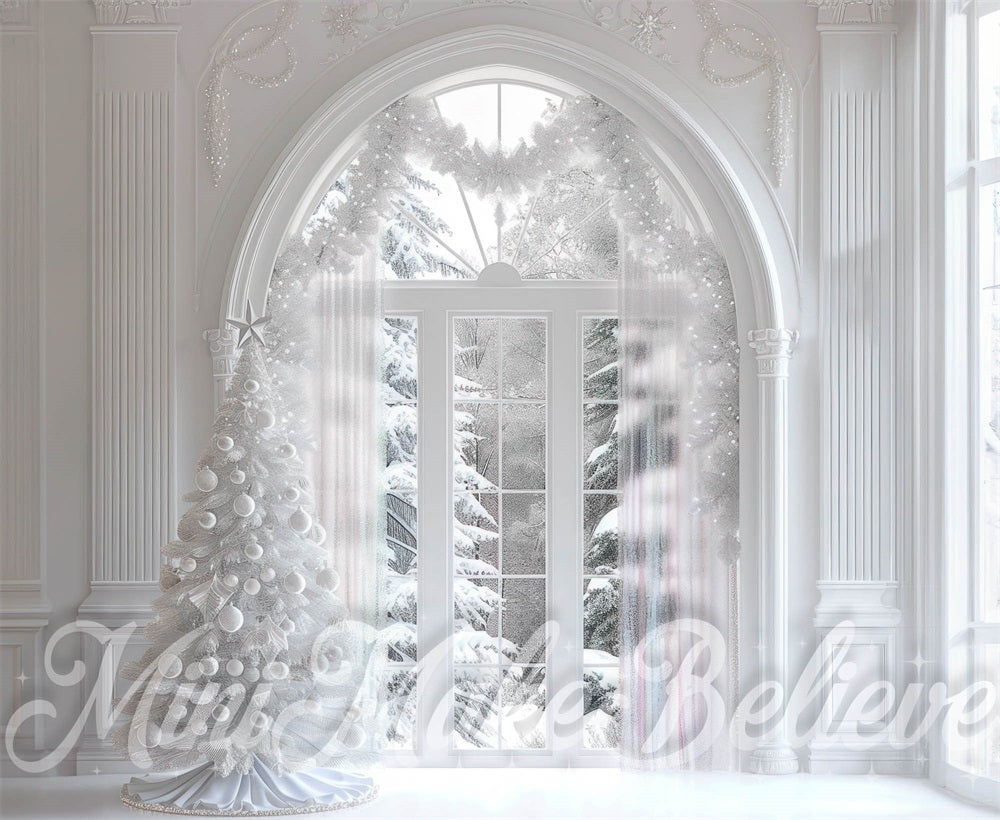 Kate Christmas Forest White Retro Arch Window Backdrop Designed by Mini MakeBelieve