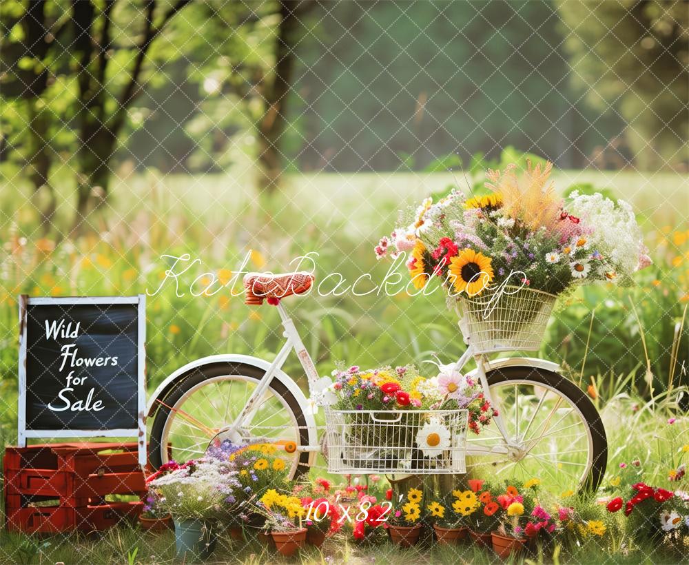 Kate Bicycle With Wild Flowers In A Sunny Meadow Backdrop Designed by Patty Robert