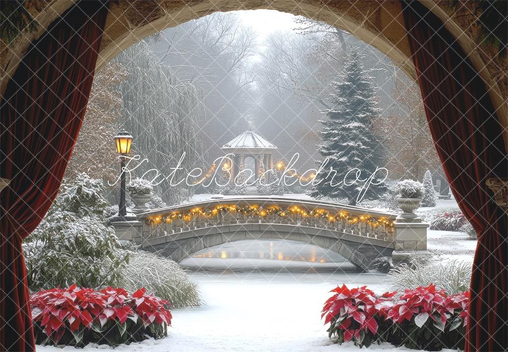 Kate Fine Art Winter Bridge Snowy Garden Backdrop Designed by Mini MakeBelieve