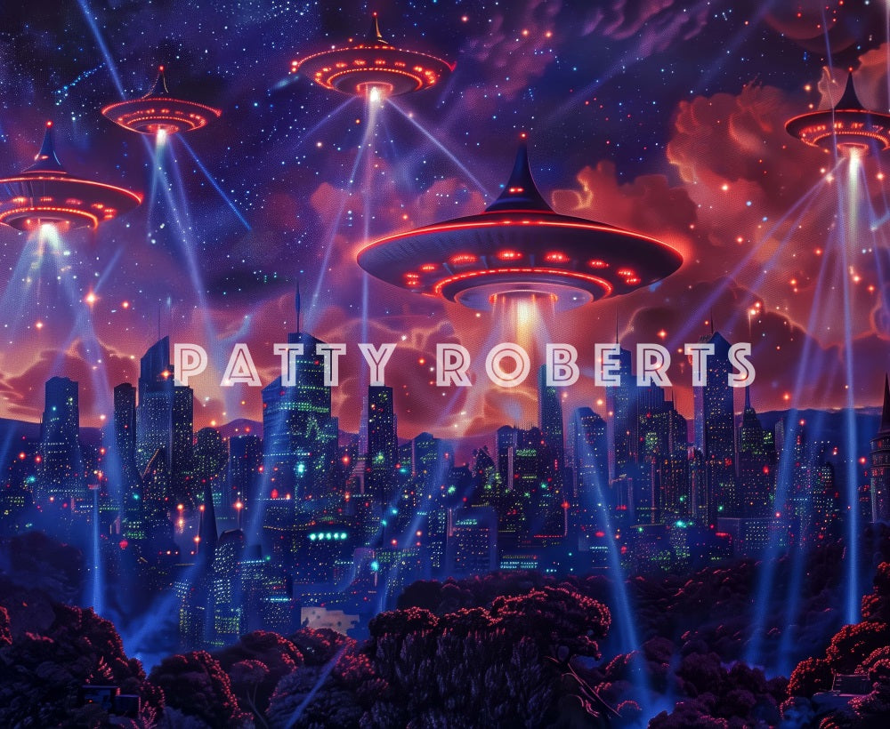 Fondo de Invasión de UFO de Estrellas Púrpuras Oscuras de la Ciudad Diseñado por Patty Robert