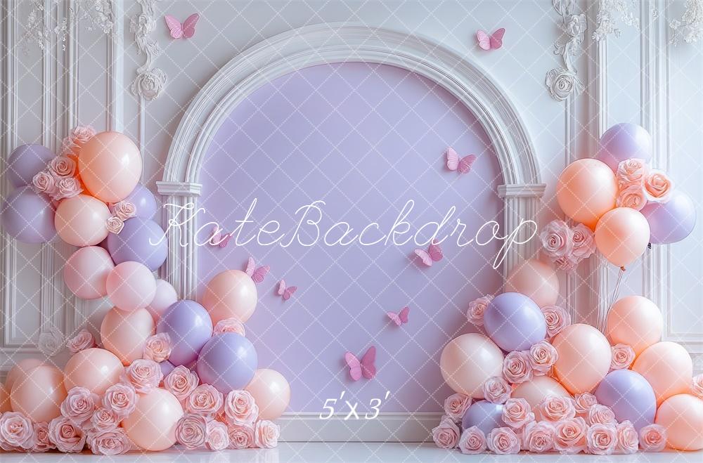 Kate Purple Pastel Balloons Floral Arch Backdrop Designed by Mini MakeBelieve