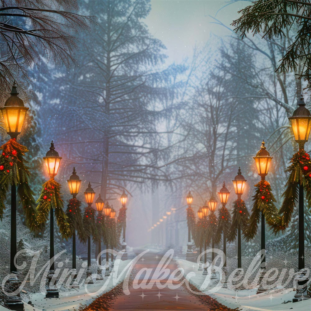 Kerst Nacht Lamp Post Bos Pad Foto Achtergrond Designed by Mini MakeBelieve